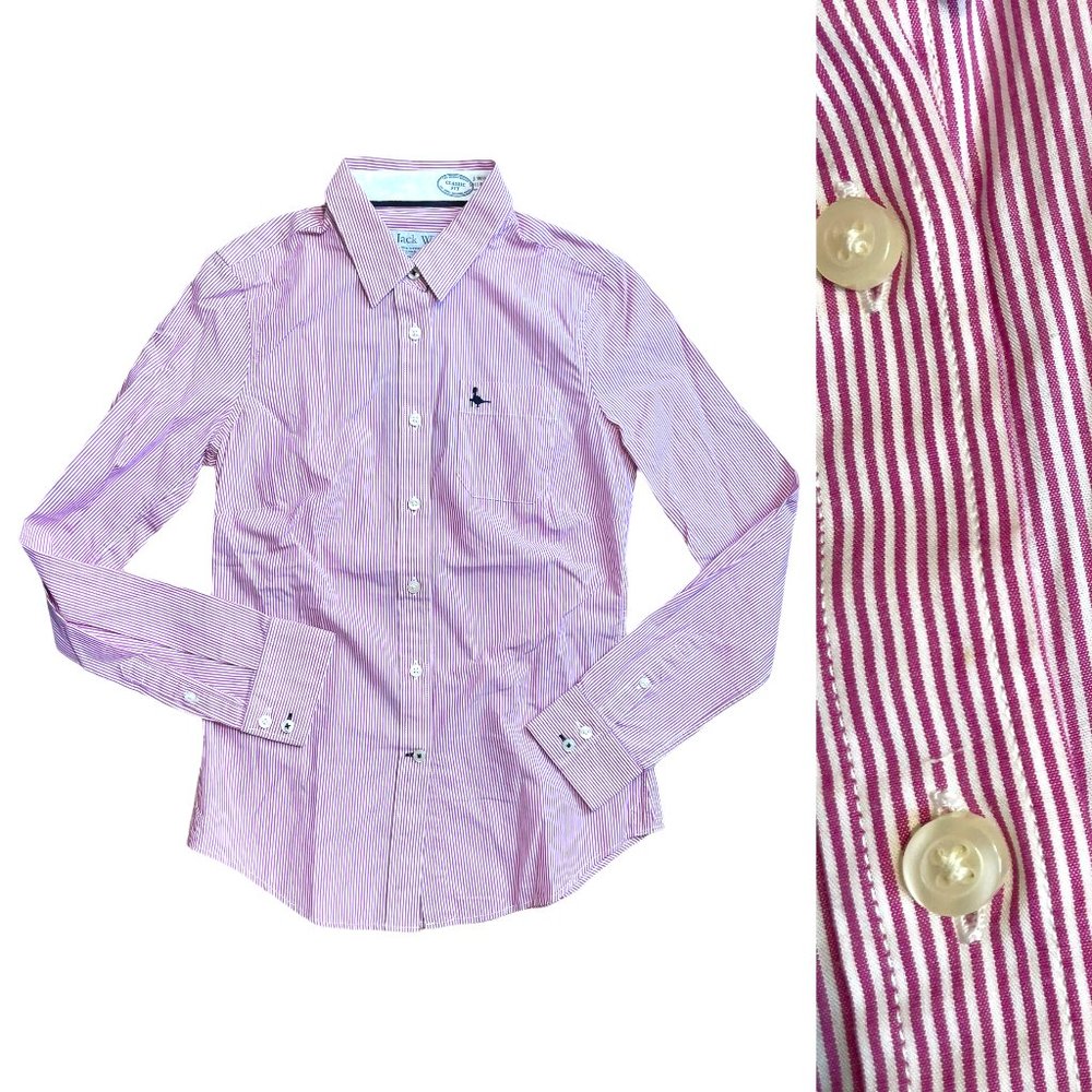 Jack Wills Pinstripe Blouse NEW 4 Red Pink Button-up Cuff Embroidered Logo